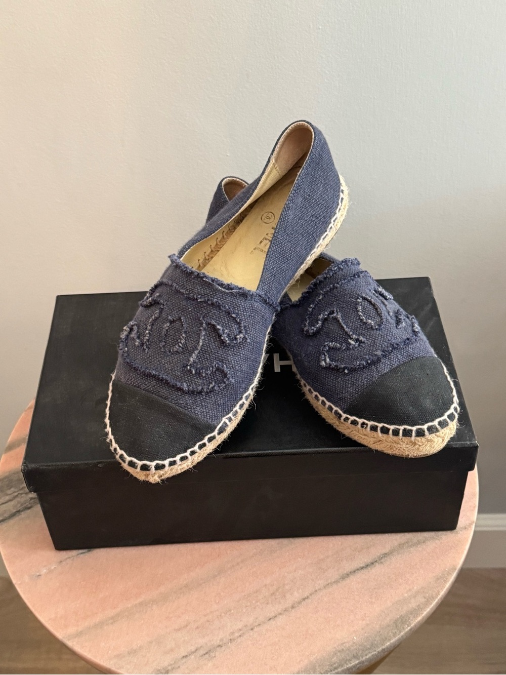 CHANEL Blue Canvas Espadrille Slip-Ons with Black Toe Caps